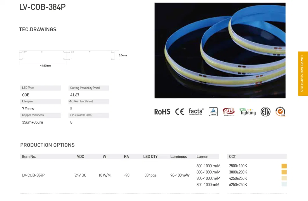 2700K-6500K RGB DC24V Lexible COB LED Strip Light 10W/12W 5m